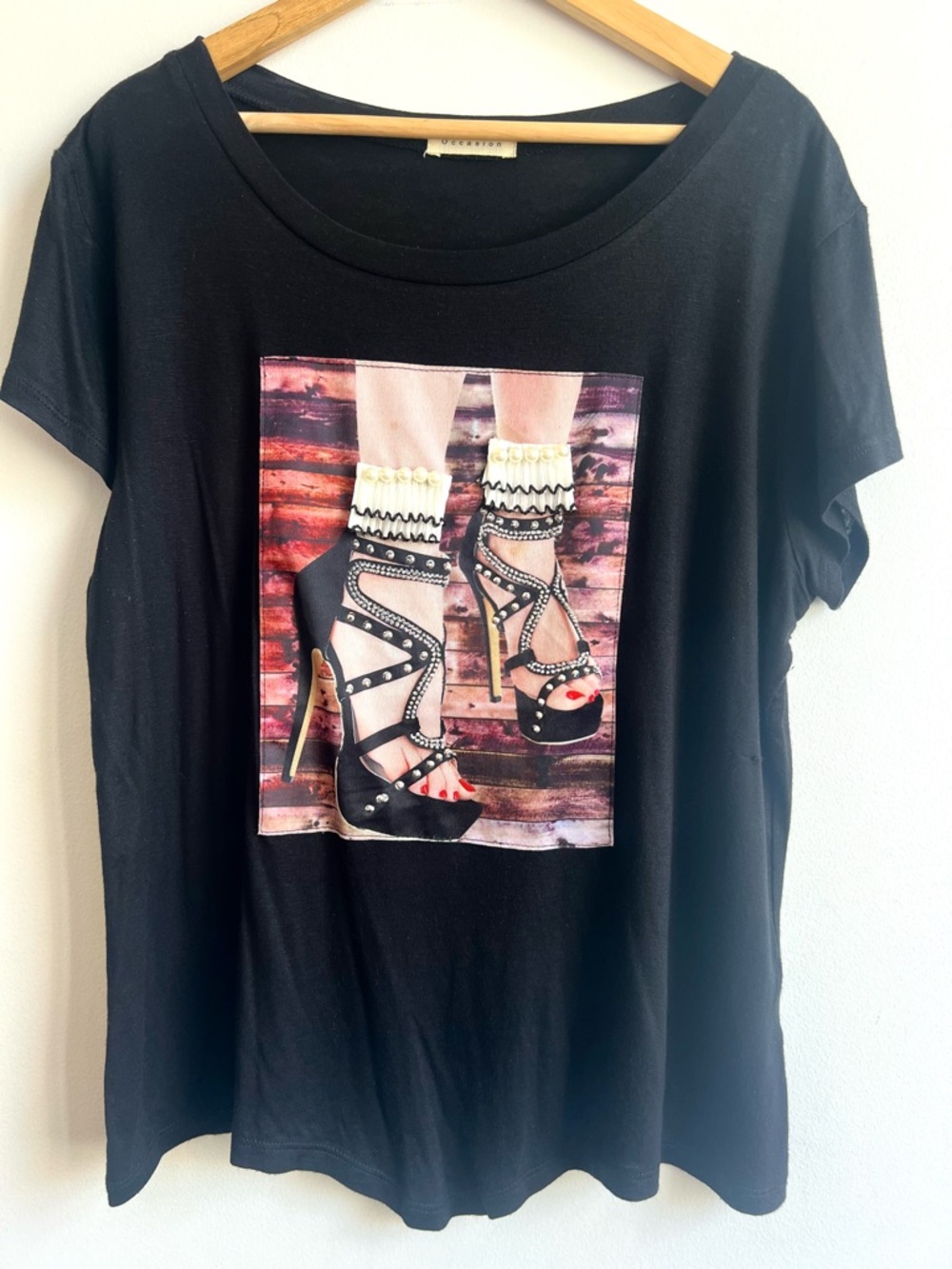 Occasion Black Tee with Studded Textured High-Heel Graphic Goth Y2K Feminine